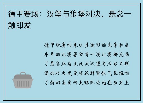 德甲赛场：汉堡与狼堡对决，悬念一触即发